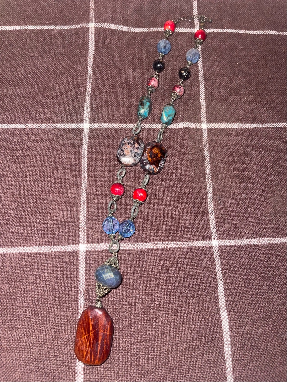 Handcrafted Multicolor Mixed Materials Beaded Necklace Carved Brown Pendant Boho